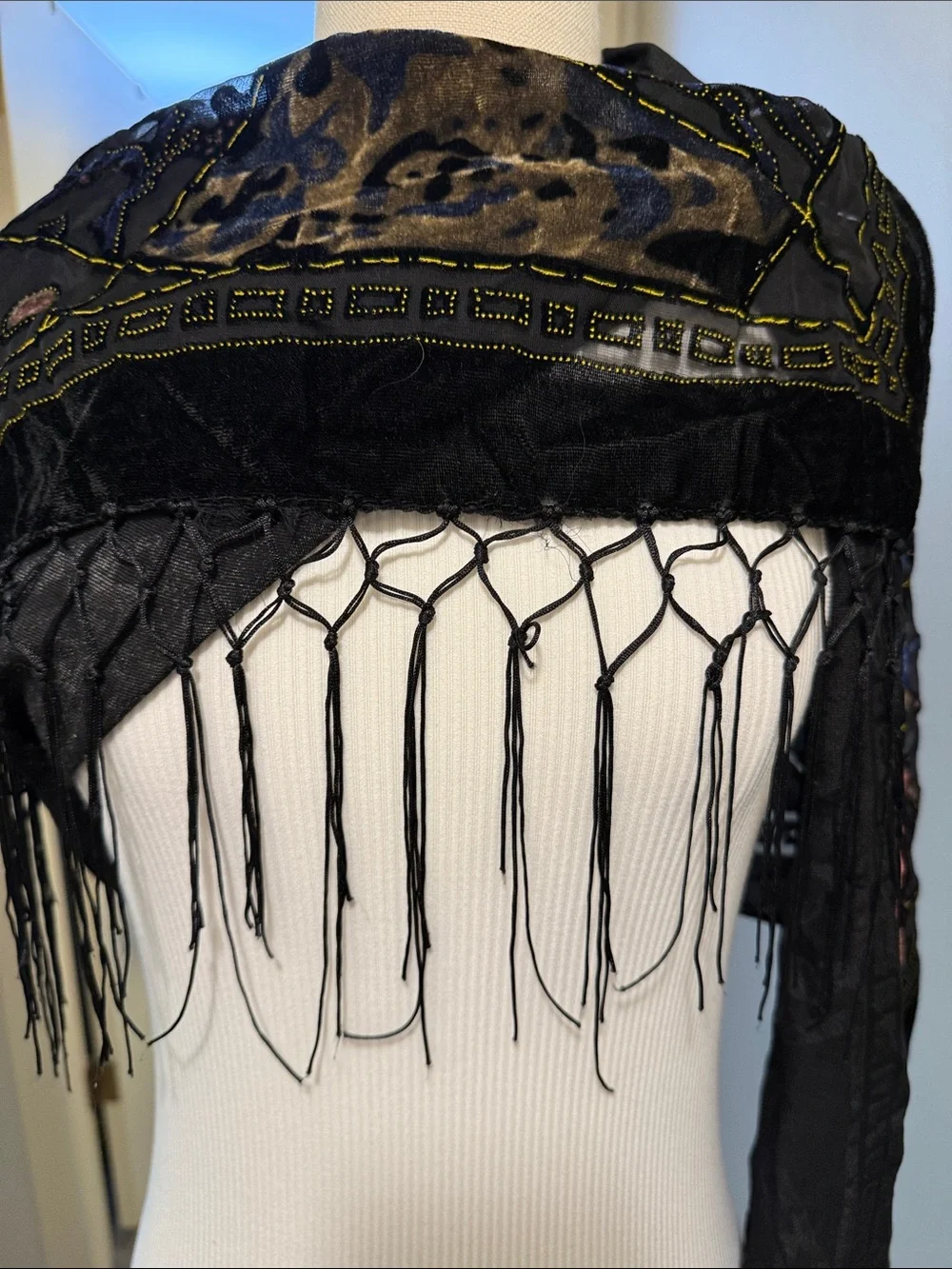 Black Velvet-Trim Embroidered Floral Shawl Scarf